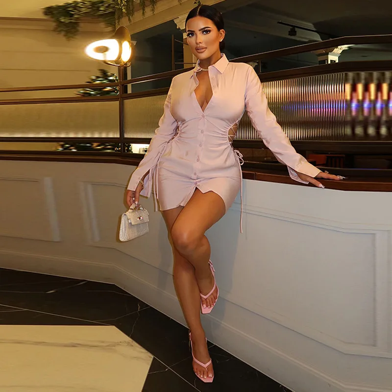 

Платье-мини с отложным воротником и длинным рукавом, на пуговицах