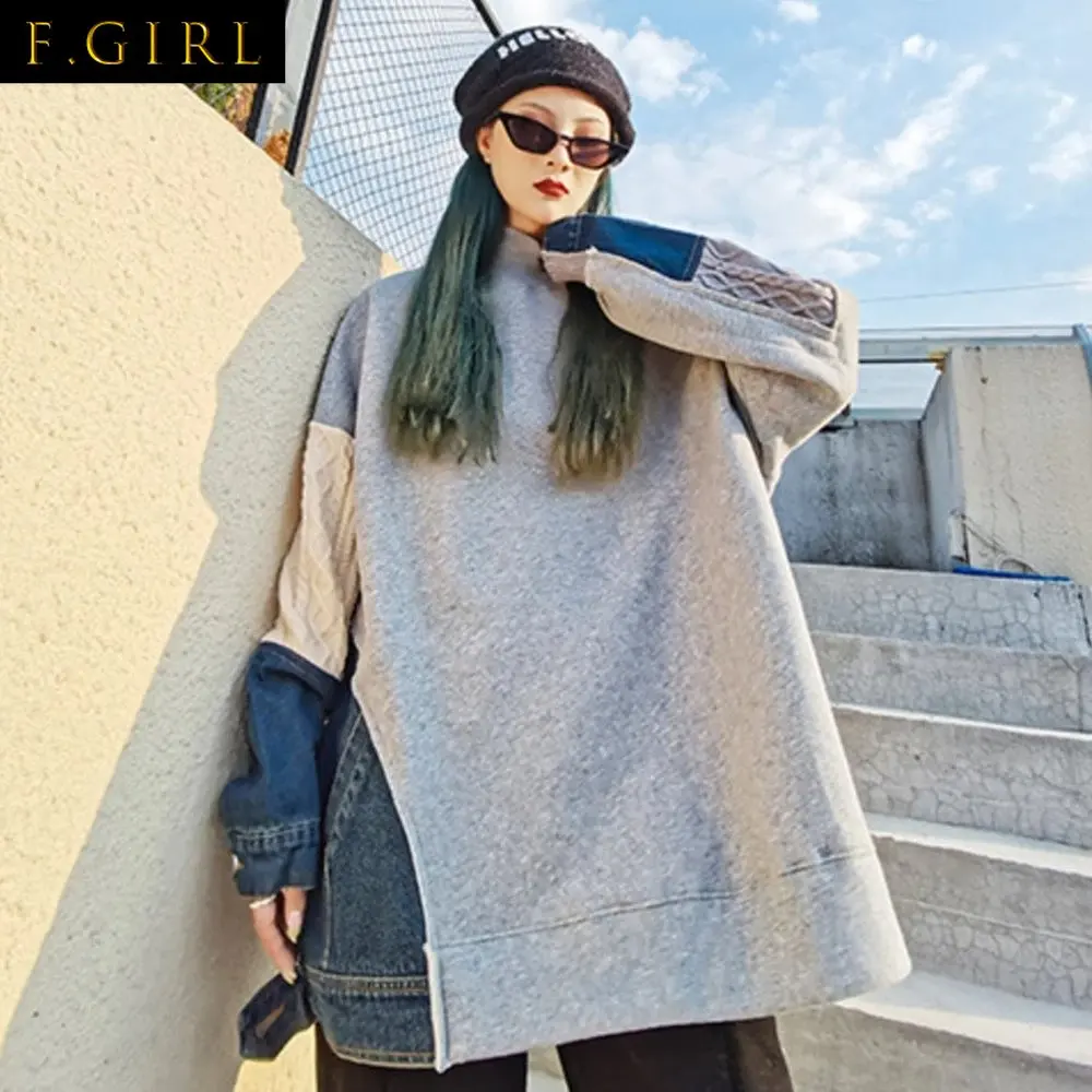 F GIRLS New Women Casual Tutle Neck Long-sleeved Pullover Female Patchwork Denim Gray Sweatshirts Tops Plus Size