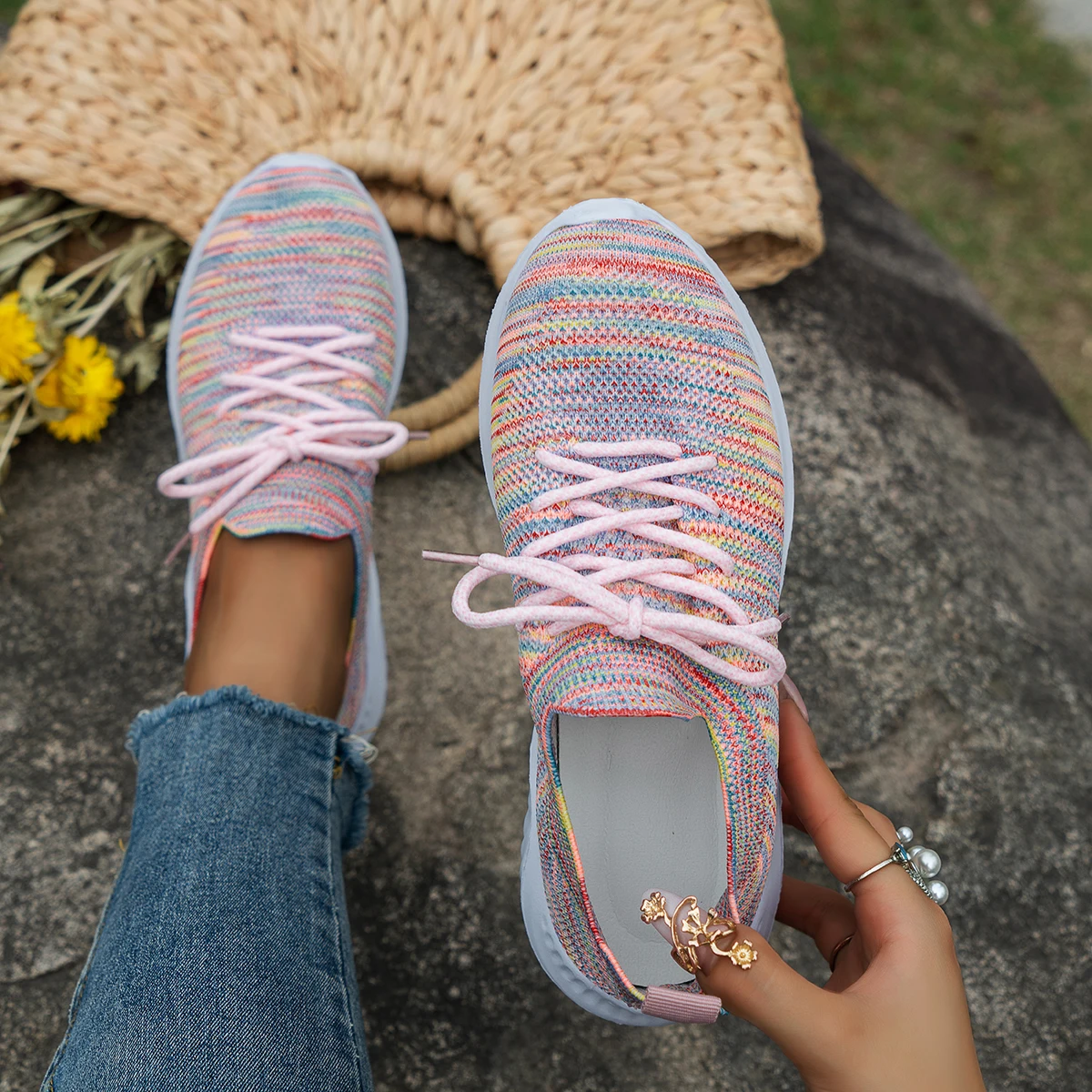 Dazzling Color Sneakers Shoes Fashion Lace Up Platform Women's Shoes Plus Size Flat Mesh Sports Shoes Woman Vulcanize Shoes