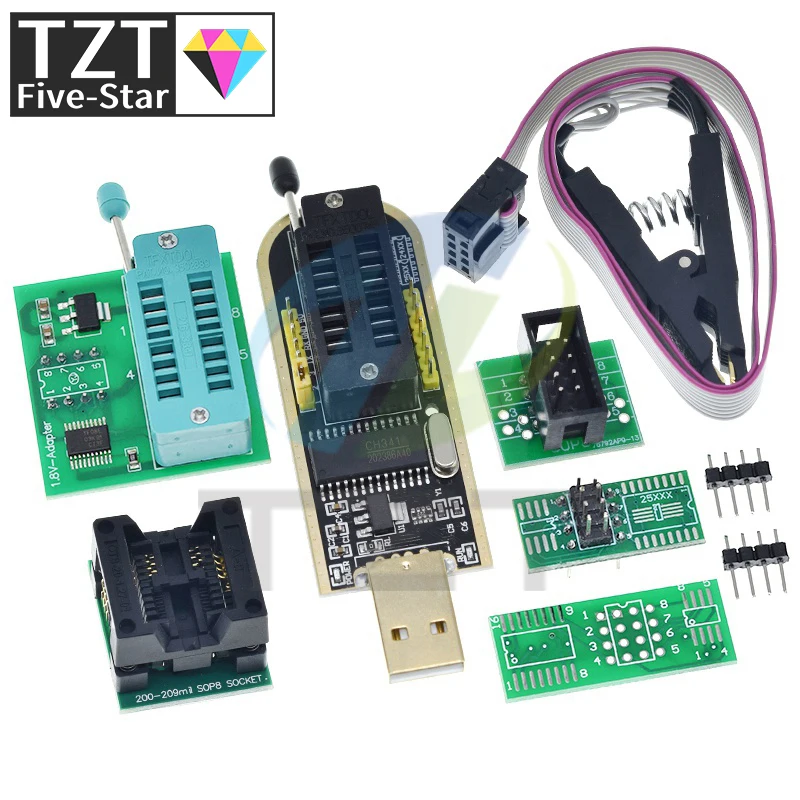 Программатор TZT CH341A CH341B 24 25 Series EEPROM модуль USB-программатора с флэш-BIOS + зажим SOIC8 SOP8