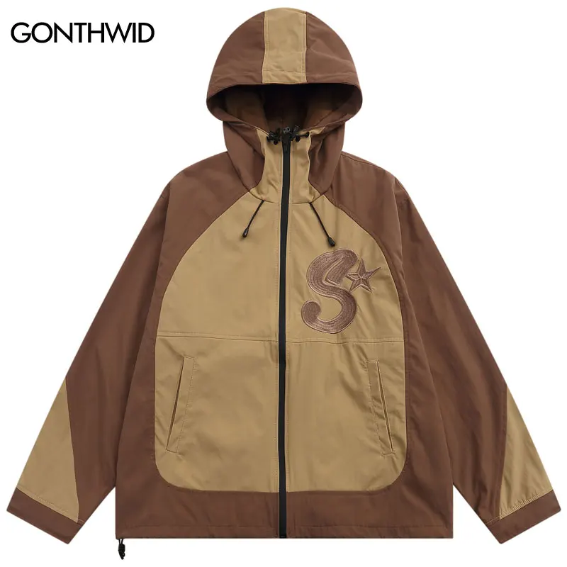 2022 Men Hooded Jacket Fashion Windbreaker Waterproof Hiking Camping Jackets Autumn Casual Color Block Patchwork Outdoor Coat