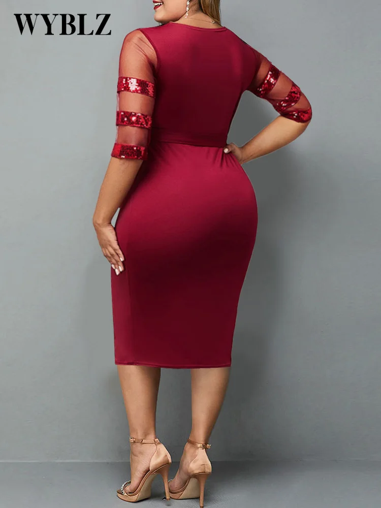 Plus Size Dresses for Women 4XL 5XL Mesh Sequin Stitching Large Size Women's Evening Dress Elegant Fashion Office Lady Dresses
