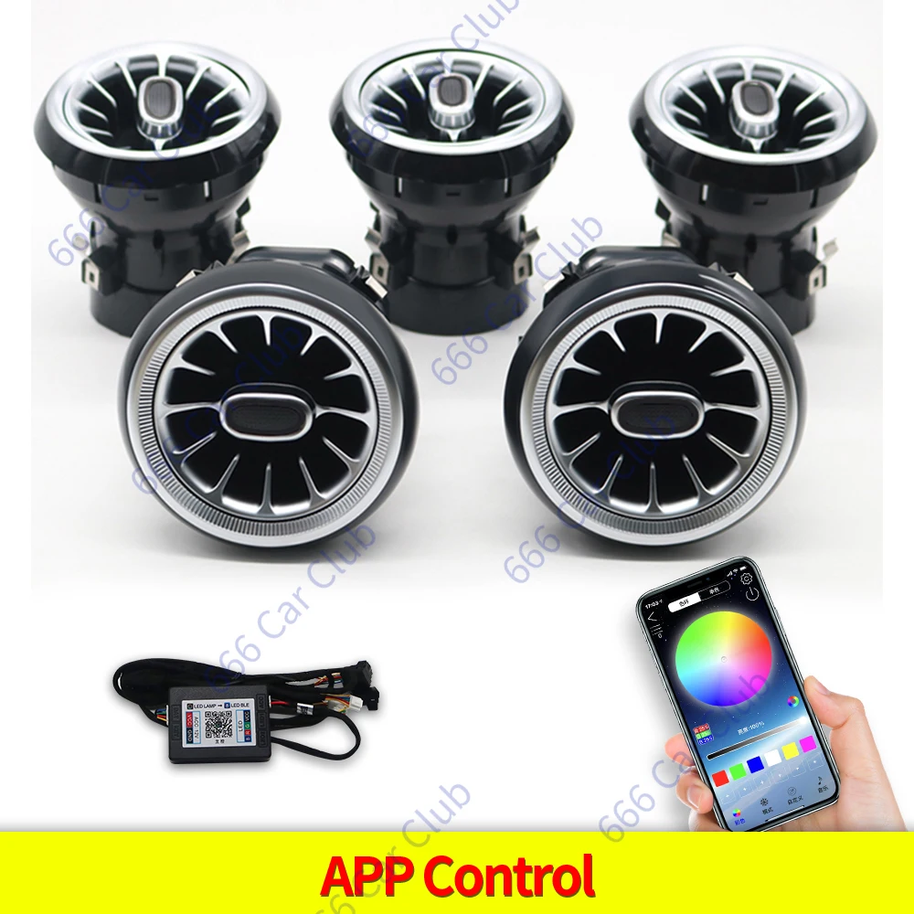 

256 цветов светодиодных вентиляционных отверстий для Mercedes Benz C Class W205 W447 W213 W156 W117 W176 Bluetooth APP Control Автомобильная форсунка Турбина Воздуховыпускное отверстие