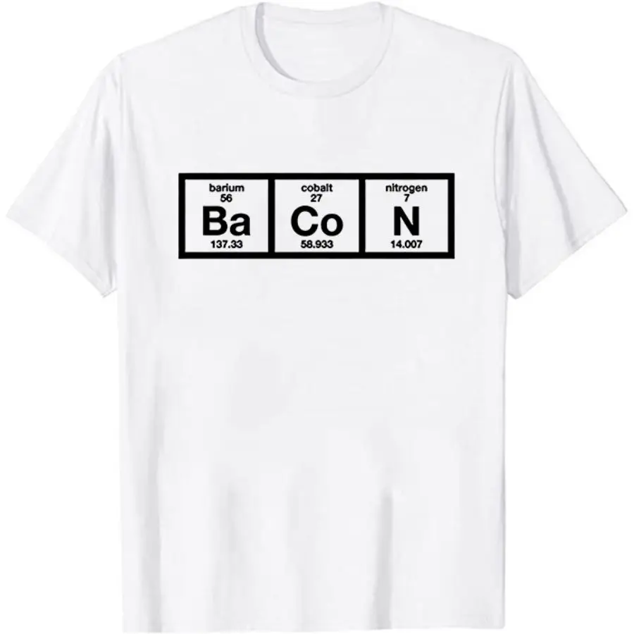 

Mens The Chemistry of Bacon T Shirt Funny Brunch Periodic Table Science Tee Funny Chemical Element Print Short Sleeves T Shirt