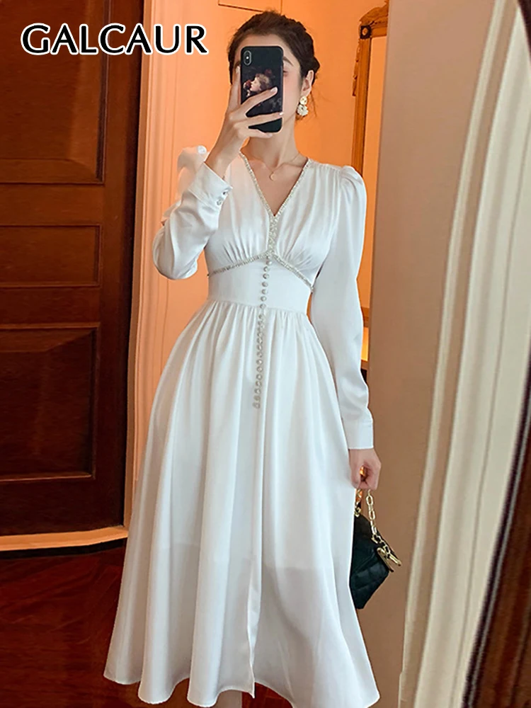 

GALCAUR Korean Elegant Slim Dresses Female V Neck Long Sleeve High Waist Patchwork Zipper Ruched Solid Dress For Women Clothing