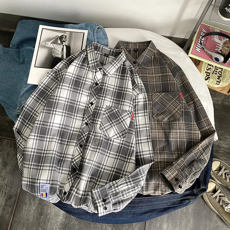

Korean Man Vintage Plaid Shirts High Quality Oversized Tops Spring Men Long Sleeve Shirt Trendyol Casual Flannel Blouses Male