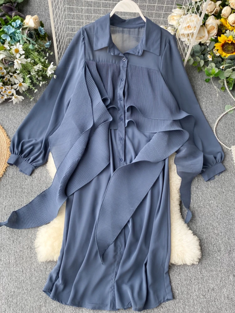 

Summer Women Casual Loose Solid Shirts Dress Vintage Ruffles Party Birthday Vestidos Female Chic One Pieces Robe Clothings New
