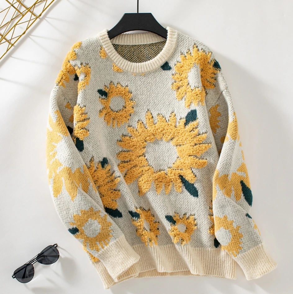 Винтажный ленивый повседневный осенний женский свитер топ с вышивкой