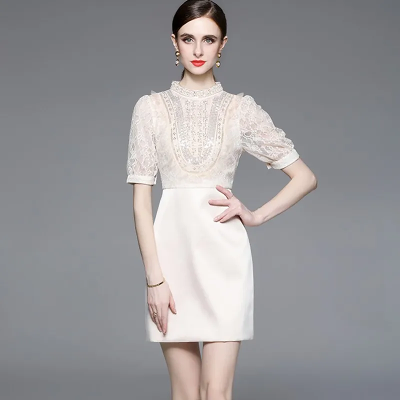 

Runway Summer High Quality Women's Clothing Chic Sequins Patchwork Hollow Out Vintage Lace Mini Dress Female Vestido Robe