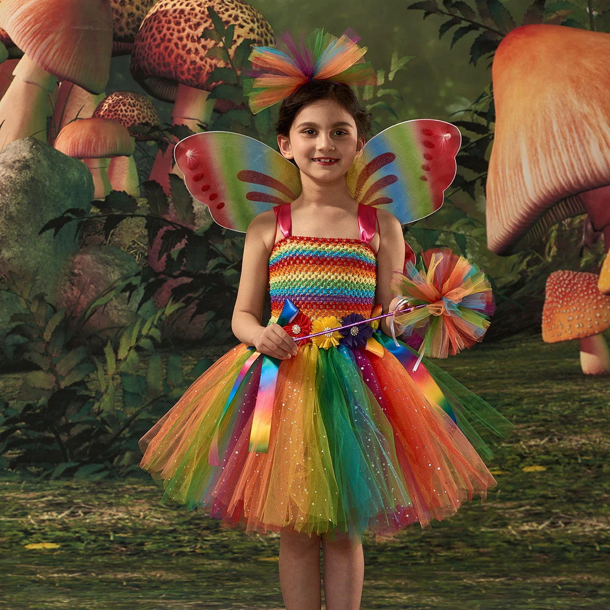 

Sparkly Rainbow Fairy Tutu Dress with Wings Wand for Girls Flower Birthday Party Halloween Costume Kids Princess Fancy Dresses