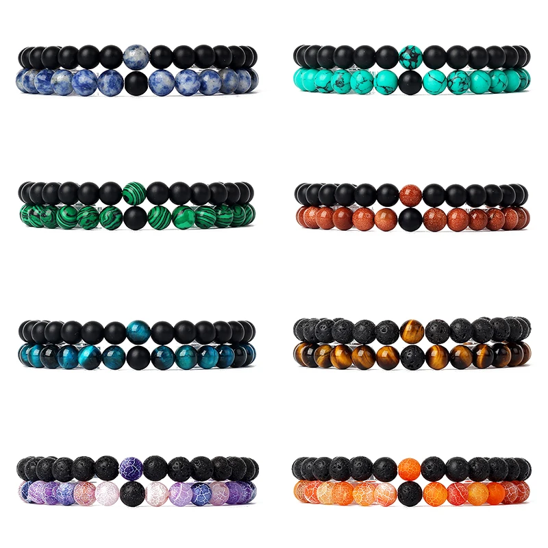 

2PCS Beaded Bracelets Bangles Set Natural Lava Stone Couples Distance Energy Elastic Bracelets for Men Women Best Friend Jewelry