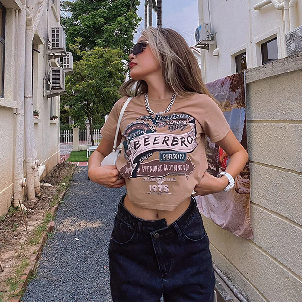 

Street Vintage Letter Print Woman T Shirts Summer O-Neck 90s Aesthetic Y2K Crop Tops Harajuku Loose Casual Trend Tee Tops 2022