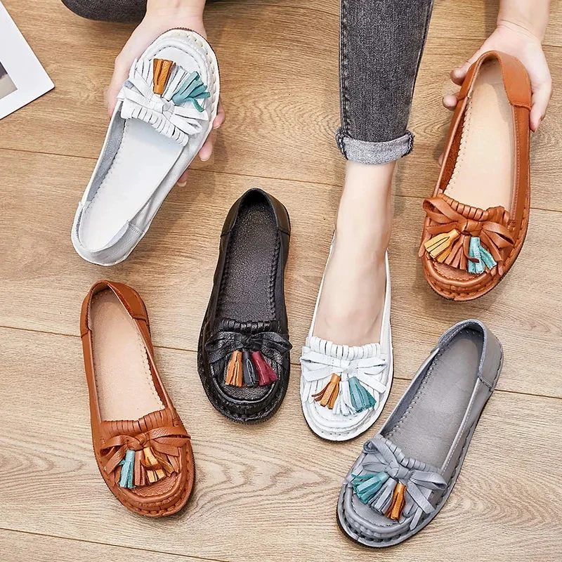 Genuine Leather Shoes for Women Spring Autumn Female Casual Loafer Mom Ladies Comfortable Tassels Classic Leisure Flats Shoes