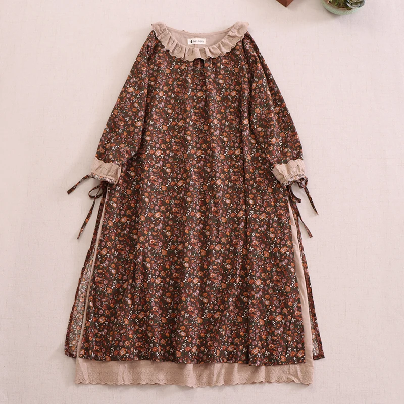 

Autumn Vintage Japanese Style Mori Girl Floral Print Dress Women Ruffled Collar Cotton Layers Dress Z3798