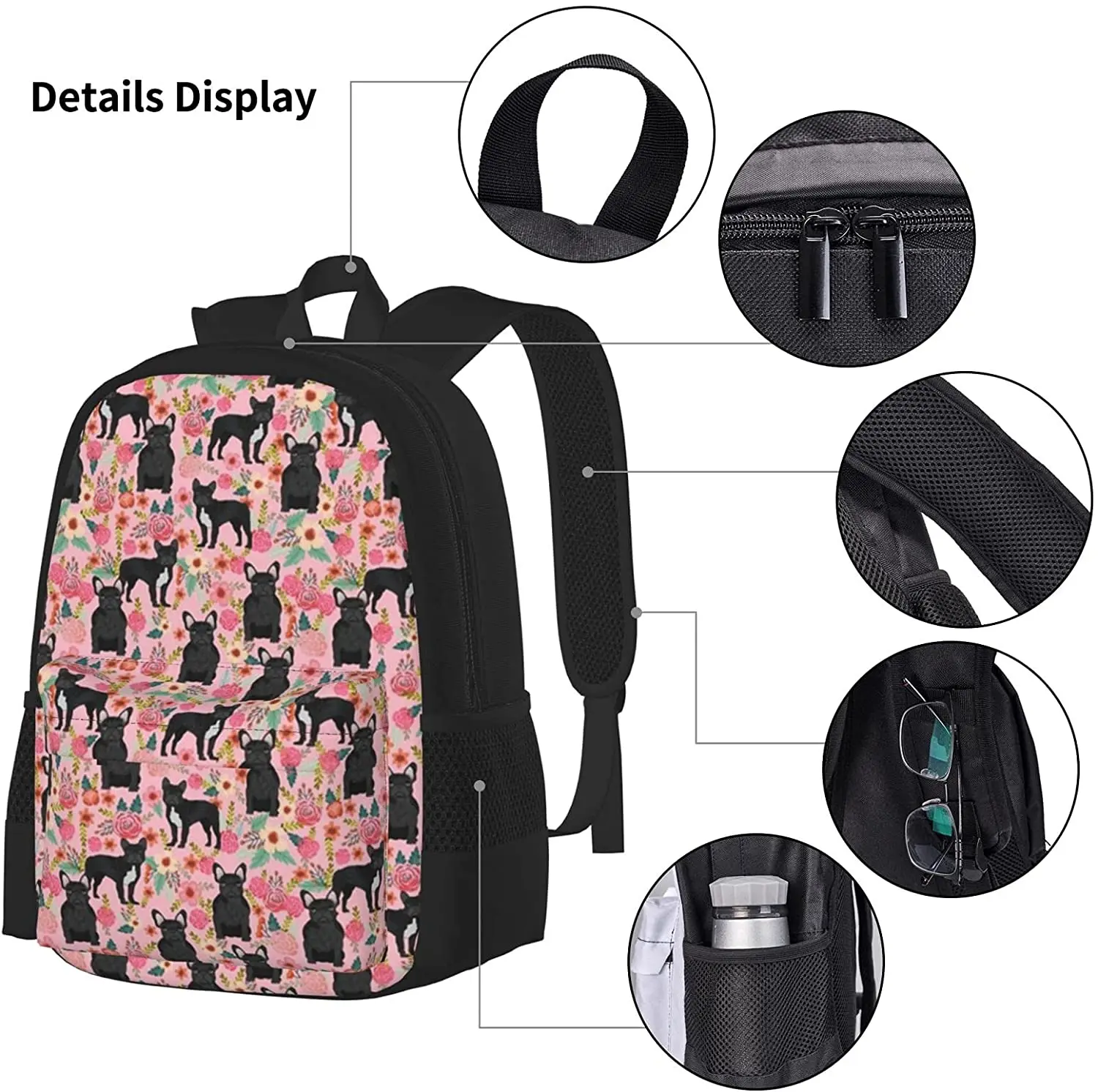 Bulldog Floral Fabric Black Backpack Set 3-Piece Teen Boys Girls Backpack Messenger Lunch Bag Pencil Case Set