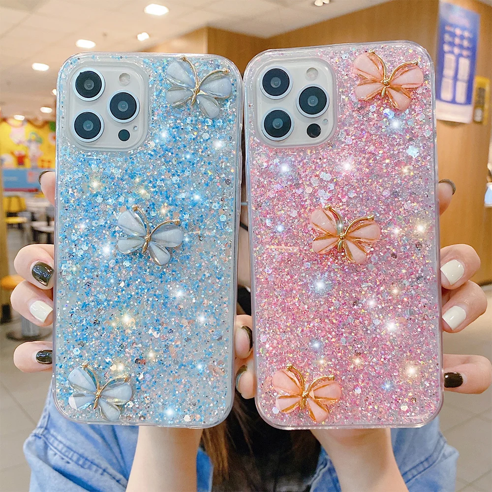 

3D Butterfly Glitter Case For Samsung S23 S22 S20 Lite S21 FE Note 20 Ultra 10 Plus Cover Silicone Sequins Shockproo Funda Coque