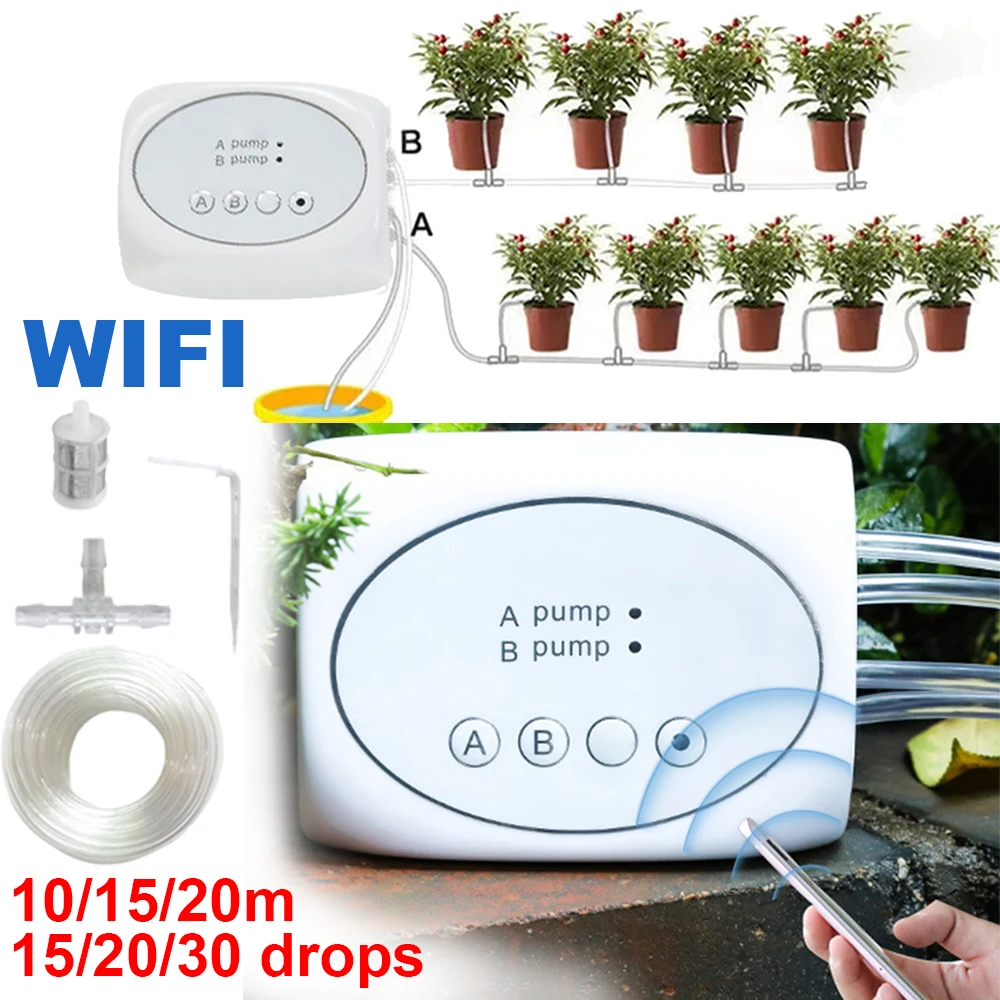 

WiFi Smart Garden Irrigation Controller Automatic Plant Drip Irrigation System Kit Dual Pump Remote Control With 10/15/20M Pipes
