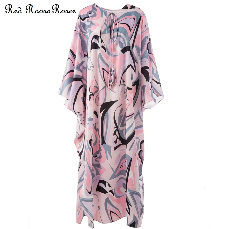 

Red RoosaRosee Summer Designer 2022 Runway Women O-neck Collar Print Batwing Sleeve Bead Holiday Split Long Maxi Dress Vestidos