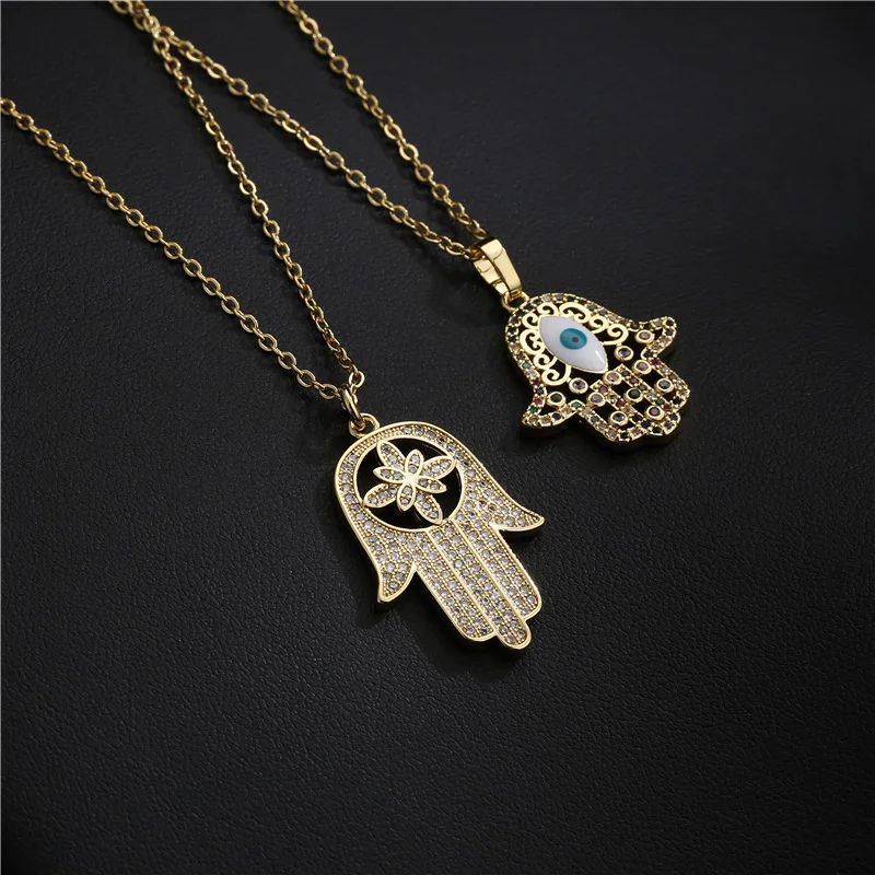 

2022 Turkish Crystal Evil Eye Hand Palm Hamsa Pendant Necklace For Women Gold Color Jewelry Link Chains Charm Choker Necklace