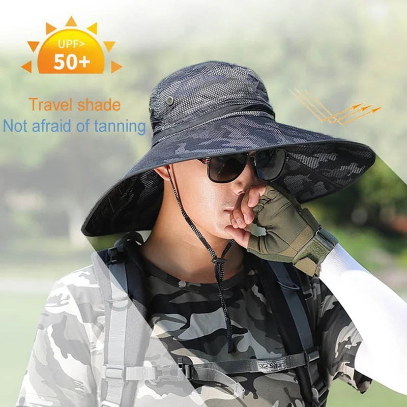 

2020 Men Camouflage Bucket Fishing Hat Big Wide Brim Breathable Mesh Outdoor Hunting Safari Fisherman Sun Visor Panama Hats Cap