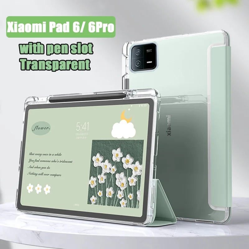 For Xiaomi Pad 6 6 Pro 2023 Pad 5 Pro Auto Wake/Sleep Transparent Soft TPU with Pencil Holder Case Cover for Redmi Pad 10.61