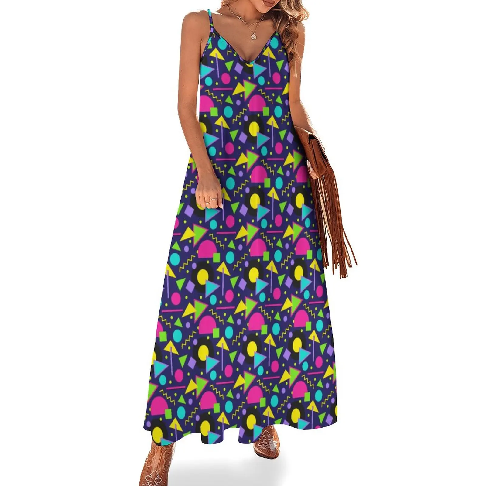 

80S Neon Shapes Dress Vintage Pattern Cute Maxi Dress Strap Streetwear Casual Long Dresses Summer V Neck Large Size Clothing
