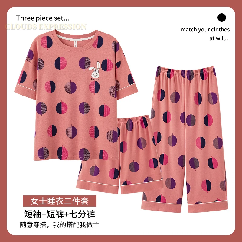 

Summer 3 Piece Sets Elegant Short Sleepwear Female Nightwear Polka Dots Women's Pajamas Pyjamas Loose Comfort Home Pijama Mujer