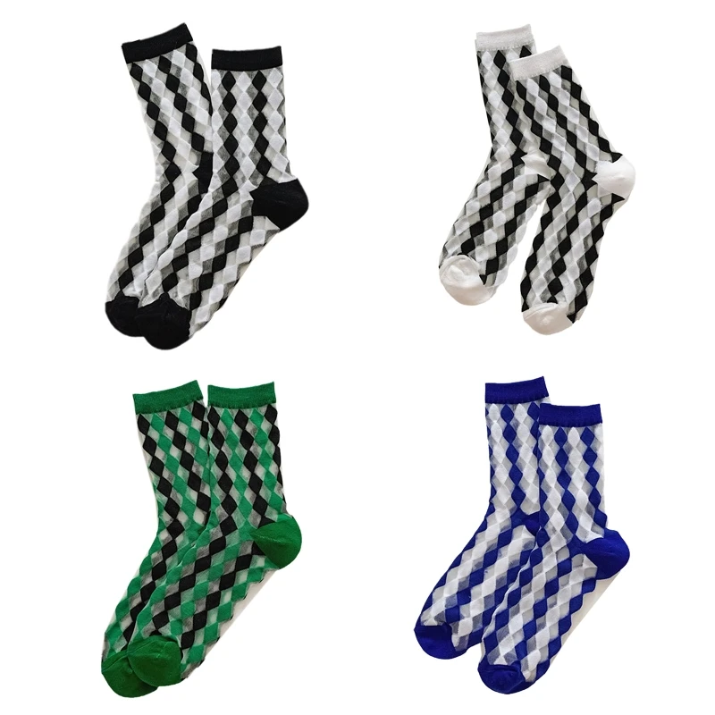 

Women Crystal Fiber Splicing Crew Socks Colorblock Diamond Plaid Calf Hosiery