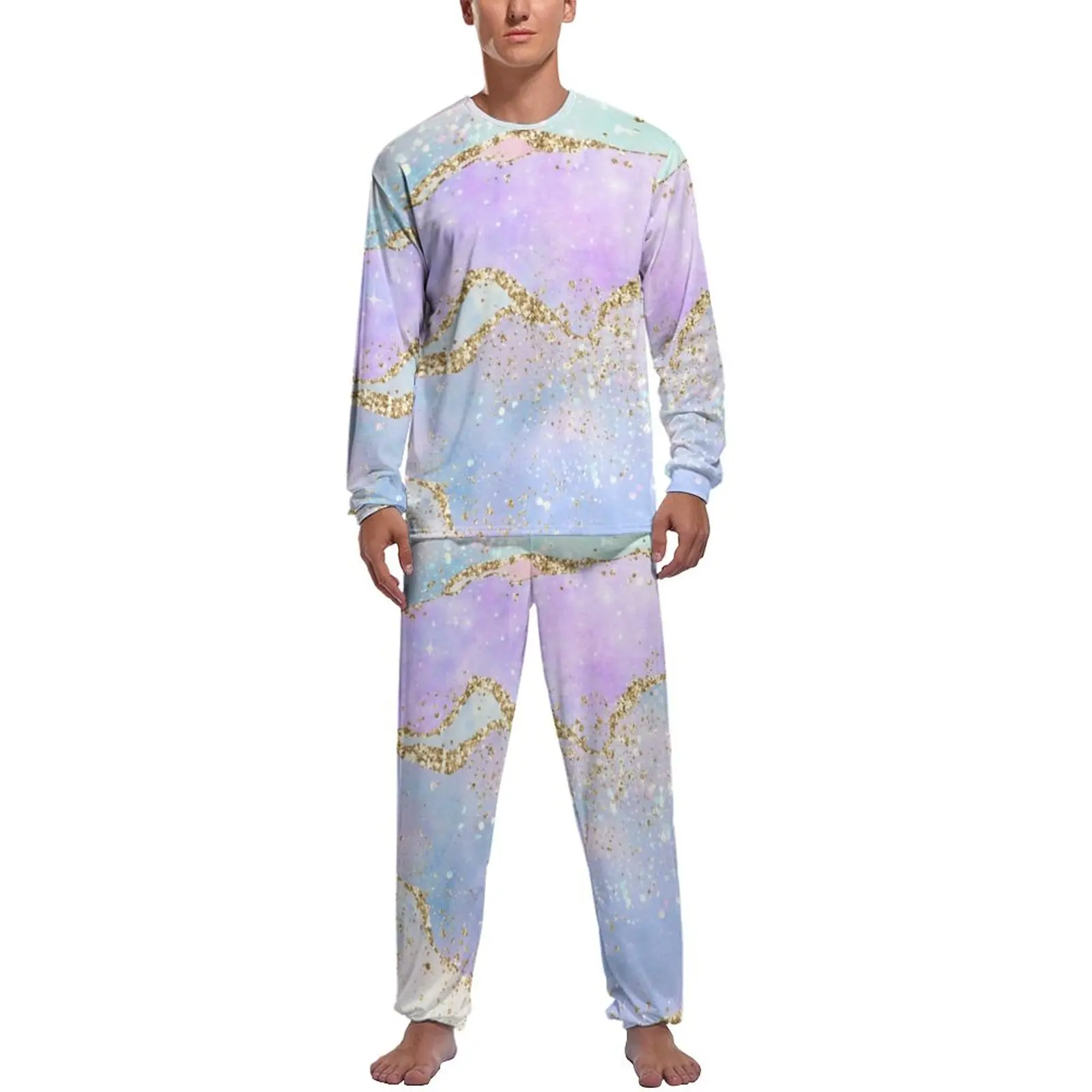 Elegant Ombre Pajamas Long Sleeve Glold Glitter Print 2 Pieces Casual Pajamas Set Spring Mens Graphic Soft Home Suit