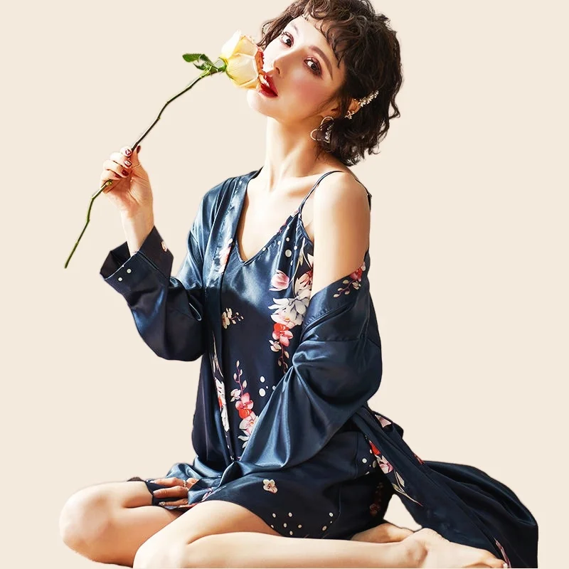 Women's Leopard Pajamas Set Full Sleeve Belt Robe Long Pants 2Piece/Set Rayon Silk Women Pyjama Cozy Homewear Sexy Stripe Pjs