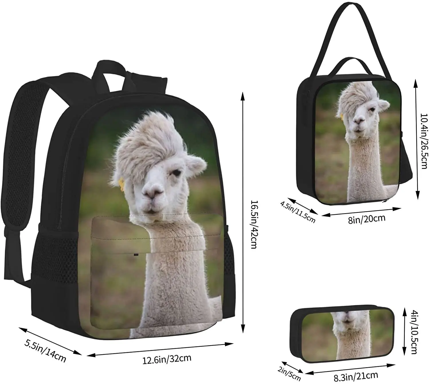 Kids School Backpack Vicuna Schoolbag Travel Bag Casual Daypack Lunch Bag Pencil Case for Boys Teens Girls 3pcs Sets