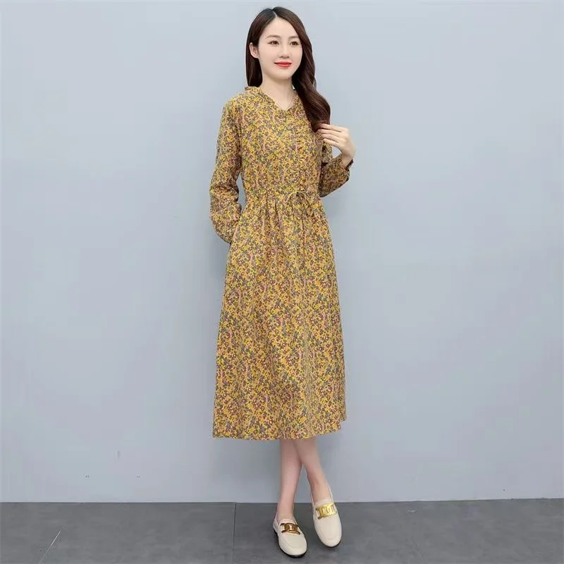 Новинка 2023 года весна-лето женские платья миди с длинным рукавом и v-образным