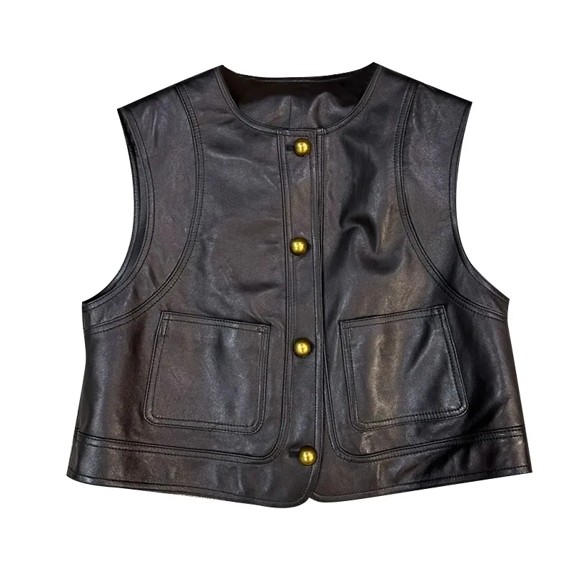 Роскошный свободный жилет из натуральной овчины с женским дизайном однобортный