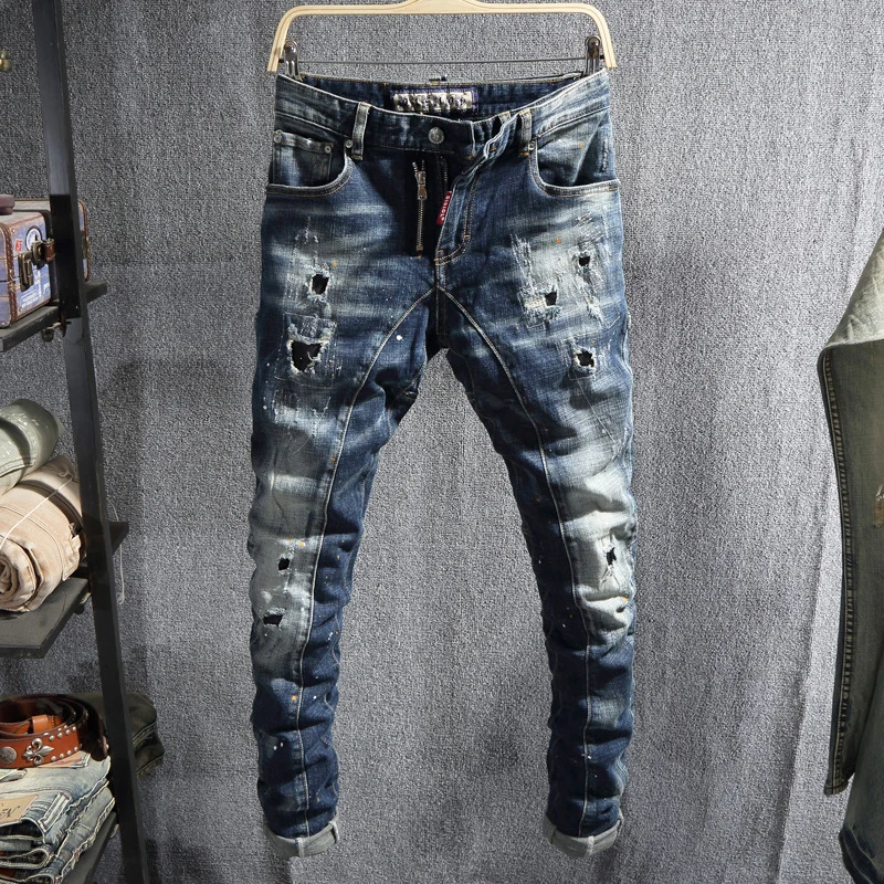 

Fashion Designer Men Jeans Retro Blue Slim Fit Stretch Ripped Jeans Men Hole Trousers Hip Hop Patched Denim Biker Pants Hombre