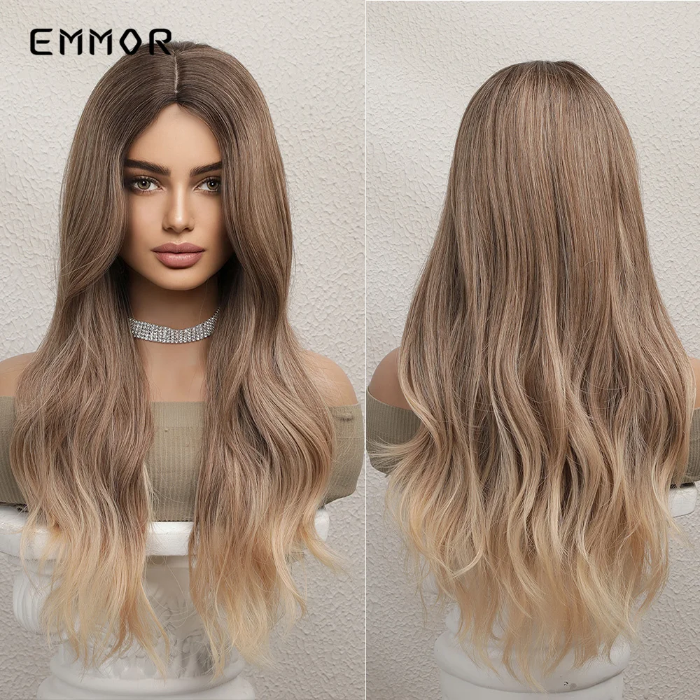 

Emmor Synthetic Ombre Brown to Blonde Wigs Long Wavy Part Wave Hair Wig for Women Natural Wavy Heat Resistant Cosplay Wigs