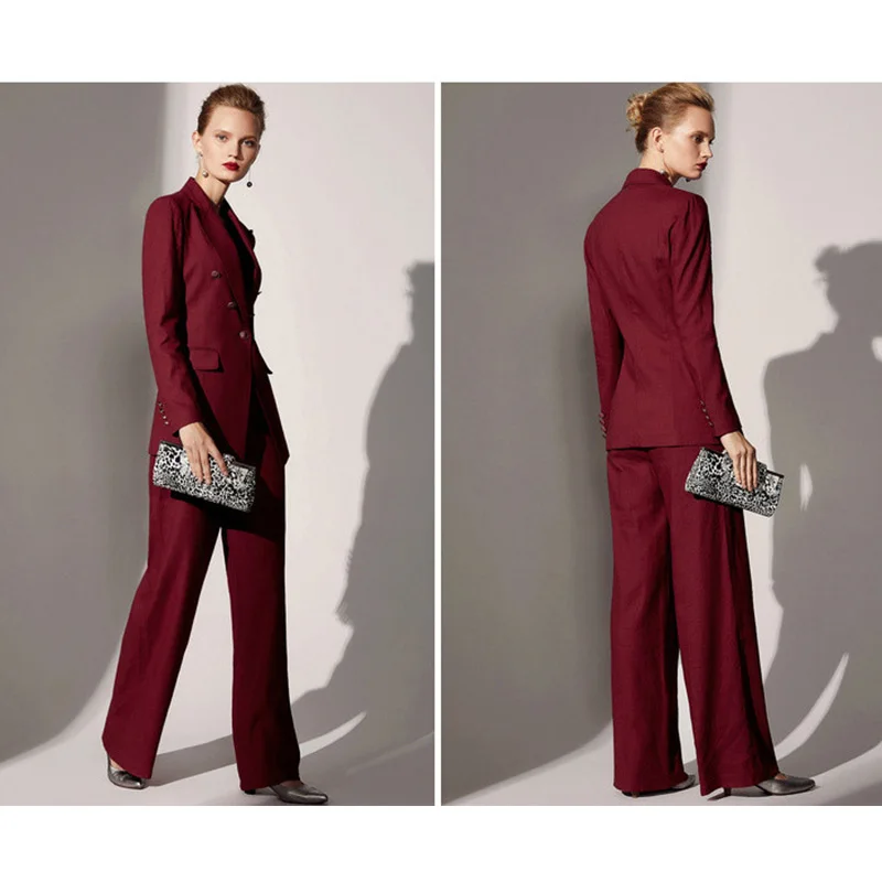 Женский двубортный бордовый Элегантный Приталенный костюм из двух частей на