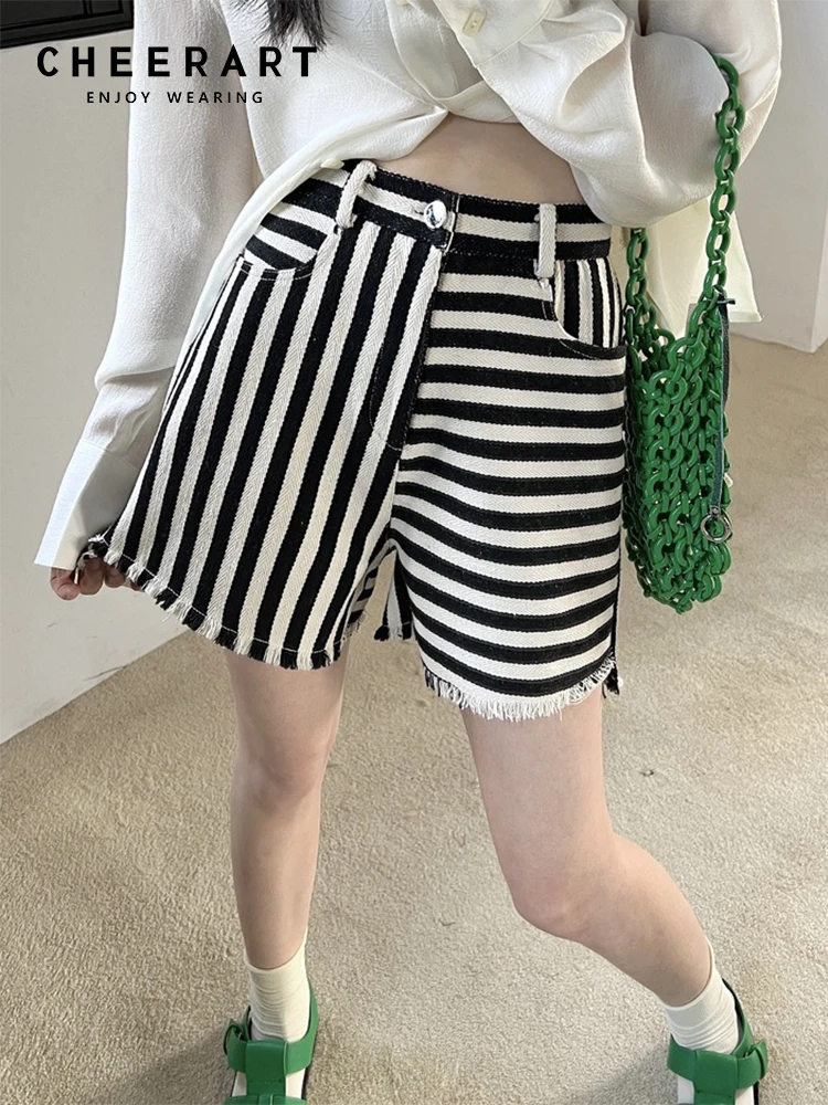

CHEERART Fringe Striped Denim Shorts Women 2022 Summer High Waist Jean Shorts White And Black Y2k Fashion Bottoms Clothing