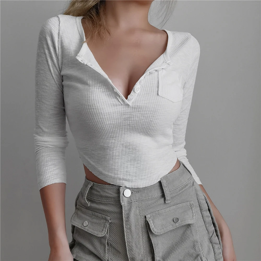 

Sexy Deep V-breasted Thin Top Sunscreen Tight Long Sleeve Early Autumn Short T-shirt With Bottom For Women
