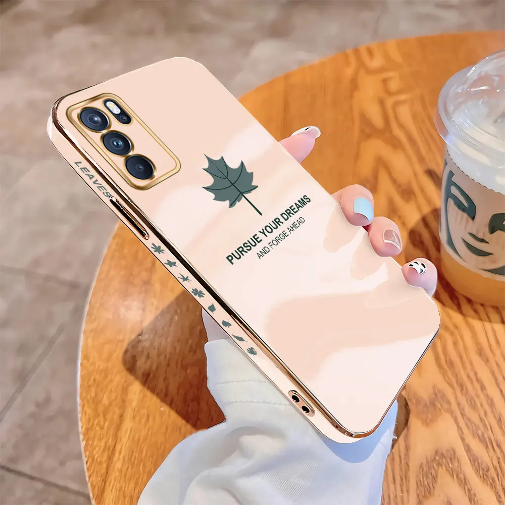 

For OPPO Reno6 Pro 5G Reno 6Z 5G Reno6 4G Luxury Square Case Maple Leaf Pattern Plating Cover Shockproof Soft TPU Cases