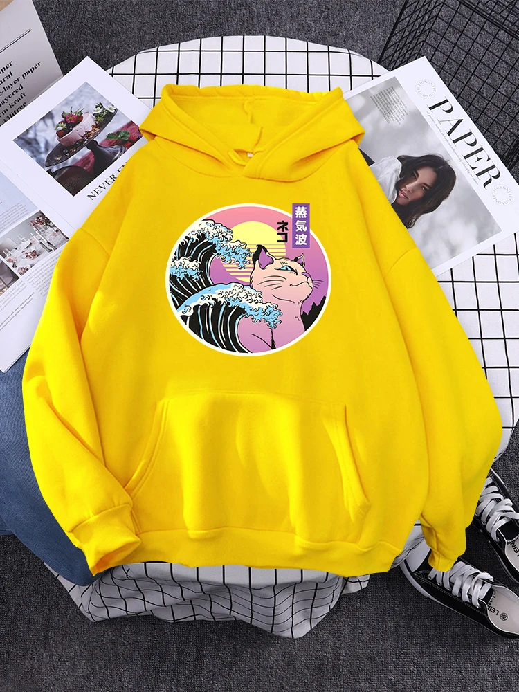 

Japanese Style The Great Cat Wave Print Mens Hoody Quality Loose Streetwear Daily Comfortable Sportswear Basic Hooded Sweatshirt