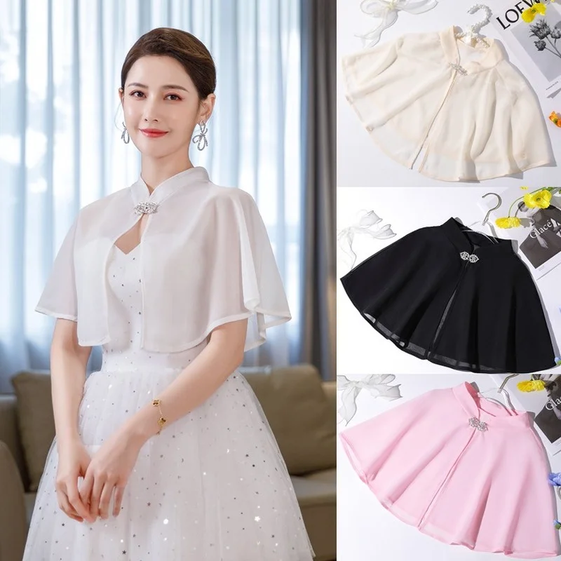 

Bolero Women Elegant Chiffon Wraps Shawl Wedding Cape Bridal Top for Party Dress Cape Cover Ups Black White Casacas Mujer