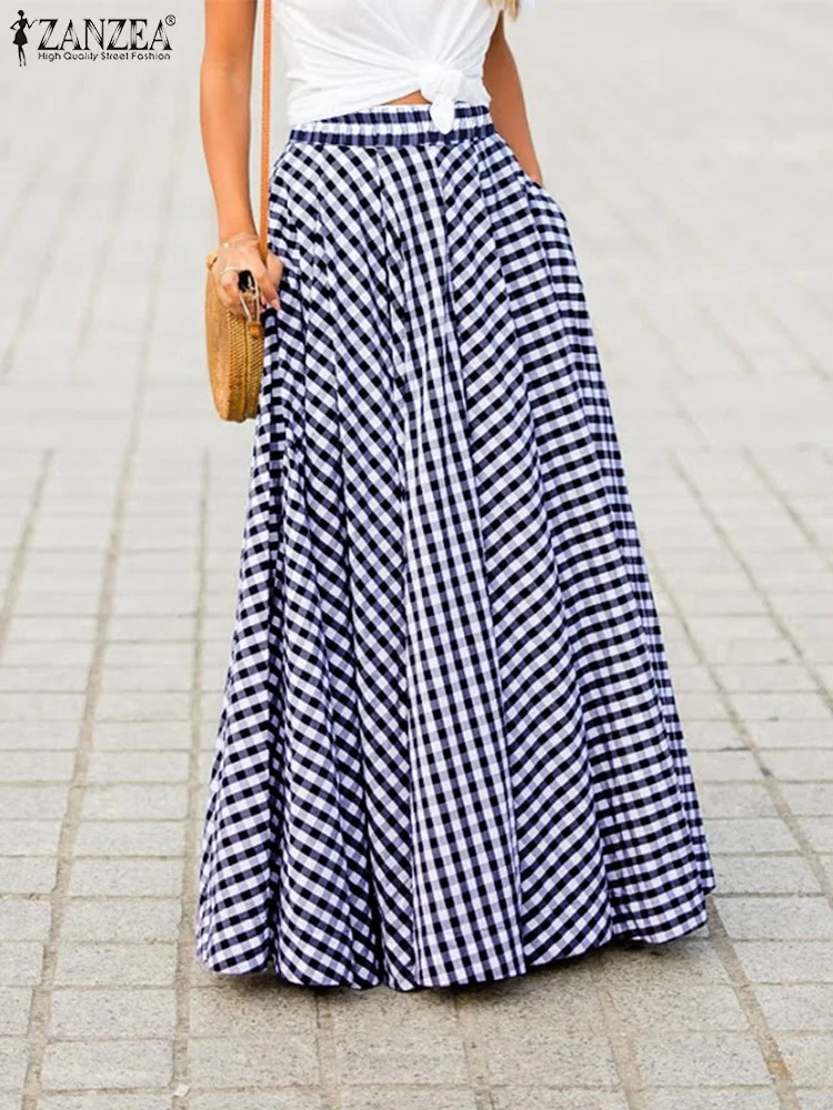 

Fashion Women Asymmetrical Skirts ZANZEA 2022 Summer Plaid Maxi Long Skirt Casual Elastic Waist Oversized Vintage A-line Skirt 7