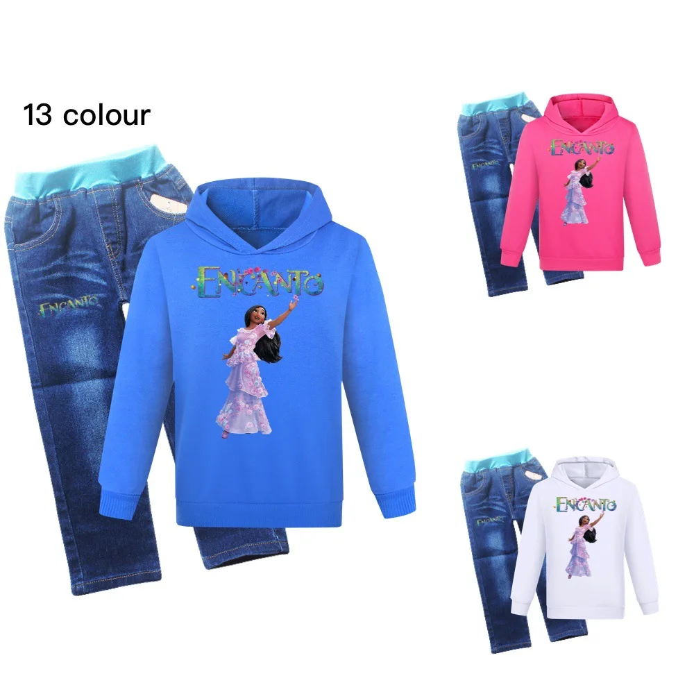 

2022 New Disney Encanto Cartoon Print Boys and Girls Casual Hoodie Sweater + Washed Jeans Set 2-16 Years Old