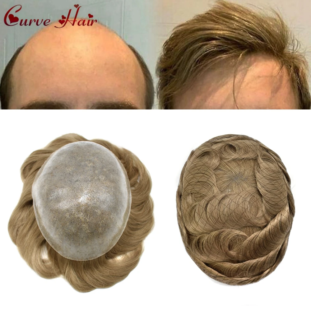 Full PU Wigs Men Hair Prosthesic 0.1-0.12mm Silicone Durable PU Capillary Man Toupee 100% Human Hair System 120% Medium Density