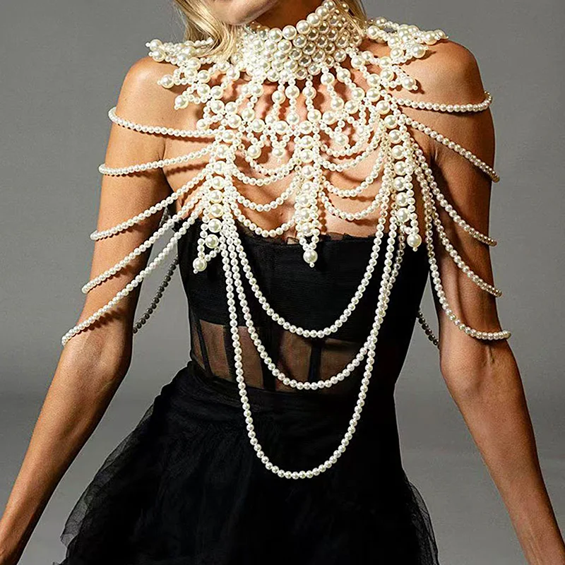 

Vintage Imitation Pearl Beaded Body Chain For Women Shoulder Bra Choker Necklace Top Bridal Wedding Shawl Collar Luxury Jewelry