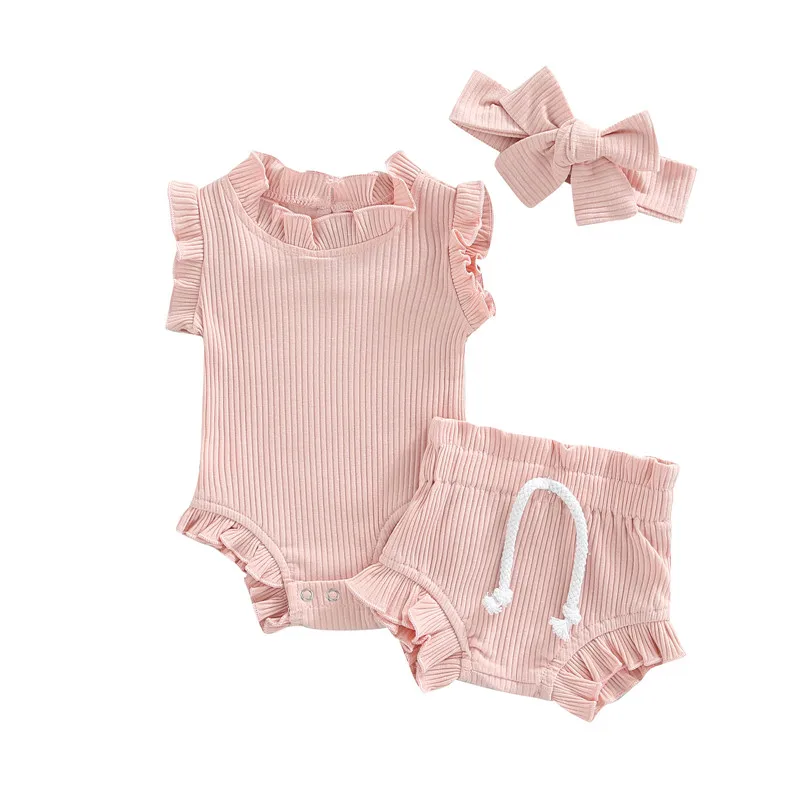 

Newborn Sleeveless Romper + Shorts + Bow Headband Outfits 0-18 Month Infants Solid Color Elastic Waist Casual Summer Clothing