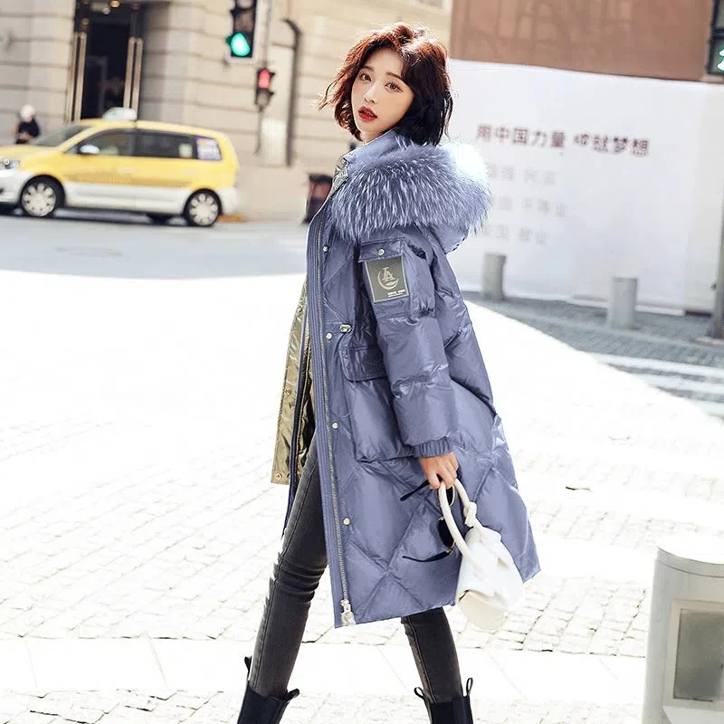 Down Jacket Women 2022 Winter New Fashion Real Raccoon Fur Collar White Duck Down Coat Female Casual Long Slim Hooded Parkas