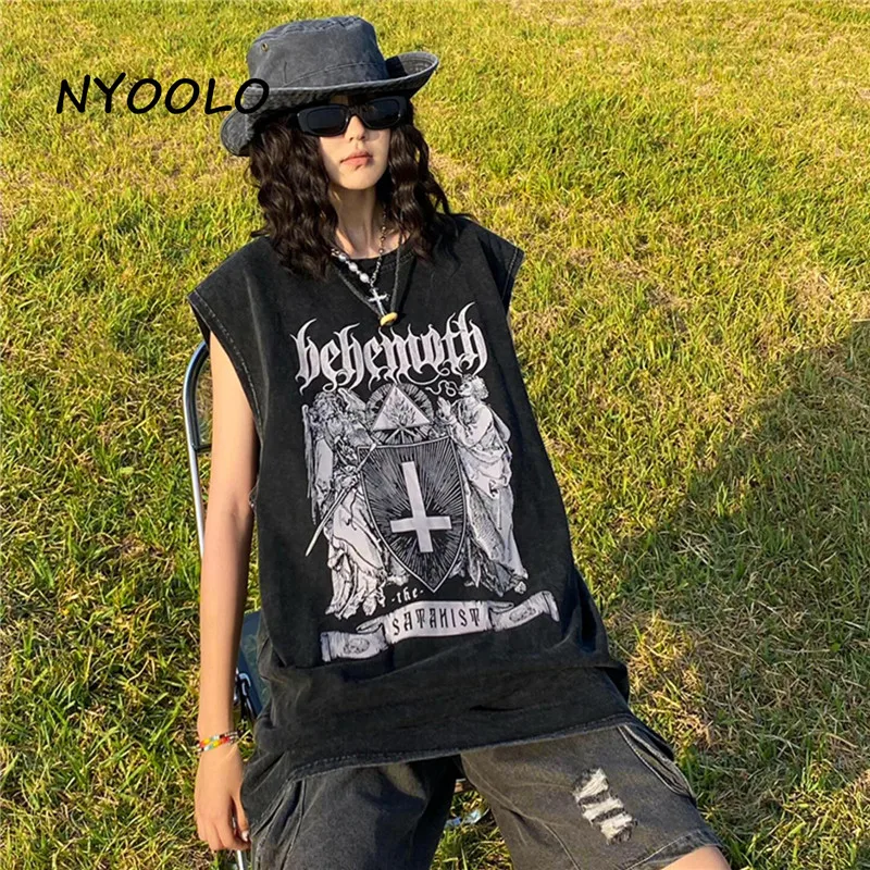 

Уличная одежда NYOOLO в стиле Харадзюку с надписью «Cross», женская одежда без рукавов, топы большого размера в стиле хип-хоп и панк, лето 2022
