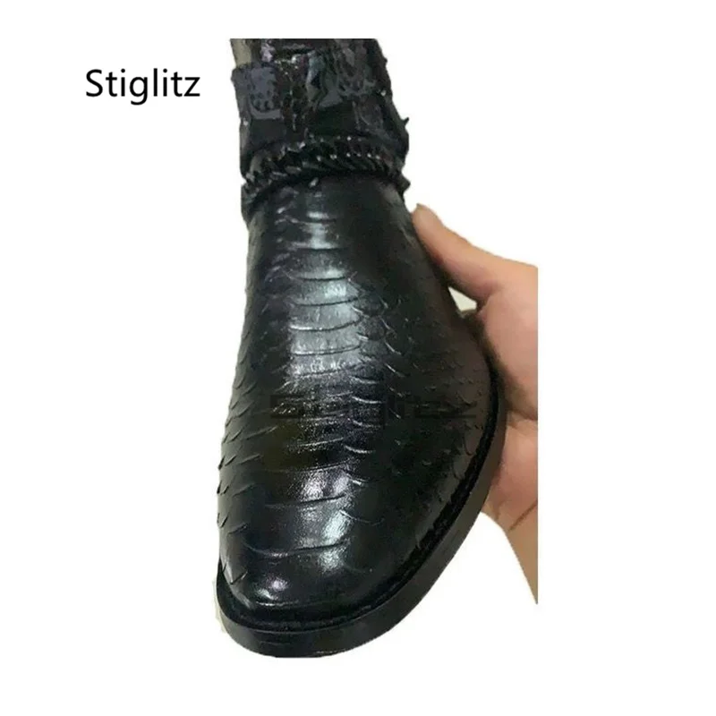 Змеиная текстура Ботинки Челси Мужские Роскошные дизайнерские ботинки с острым
