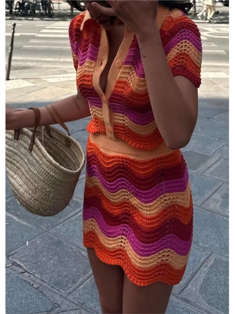 

Wrapped Hips Mini Skirt Suit 2023 Summer Women Beach Streetwear Knitted Polo Neck Lapel Sweater Two Pieces Set High Waist